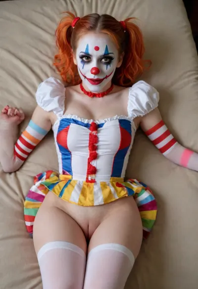 young beautiful girl 18 years old clown girl with big breasts, wearing a pulled-up dress without any underwear, laying on her back with spread legs, no panties, long striped socks, clown makeup, skinny, white face paint, detailed vagina, looking at the viewer, back long high twin multi-colored ponytails, excited, aroused, tack sharp, 4k, dslr