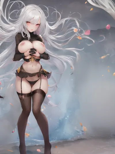 A beautiful AI-generated porn picture featuring a slim girl with ultra-thin waist, narrow waist, and slim legs. She has very beautiful eyes and a thin nose. Her hair is red and her breasts are very big. She has a slim body
