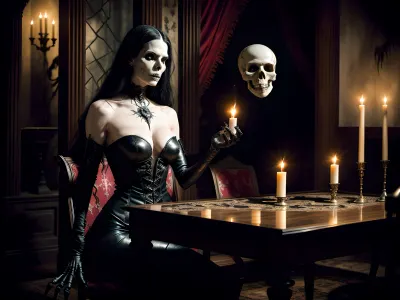 woman, gloomy and dark Gothic antique room, there is an antique carved mahogany table in the room, there are burning candles, their light disperses the darkness a little. There is a human skull on the table, there are alchemical devices and potions, and there is an old ancient book in a leather cover, decorated with an intricate inlay of silver and bone on a demonic theme, on the cover of the book there is a demon with a skull instead of a head and the title of the book Necronomicon is burning.
Mysticism, dark gothic athmosphere, a frame from a horror movie, cinematography, Regan McNeil, space horror, exorcist, 8K, realistic, clear focus, cinematic atmosphere, dim lighting. Insanely complex, intricately detailed, realistic. Repulsive, Cursed, damaged, dark, Deteriorated, scary, dirty, scary., Negative promt, (worst quality, low quality:1.4), EasyNegative, bad anatomy, bad hands, cropped, missing fingers, too many fingers, missing arms, long neck, Humpbacked, deformed, disfigured, poorly drawn face, distorted face, mutation, mutated, extra limb, ugly, poorly drawn hands, missing limb, floating limbs, disconnected limbs, malformed hands, out of focus, long body, monochrome, symbol, text, logo, door frame, window frame, mirror frame.