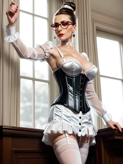 woman, in on a concert stage leading the orchestra as conductor
with red glasses, vivid colors, good contrast, high dynamic range colors, ultra-detailed, 99 year old British headmistress, striking blue eyes, shiny blond brown hair, (((hair bun))), angry attitude, arrogant attitude, dominant face, bitchy face, looking at the viewer, intense stare, look at the viewer, eye contact, looking at camera, ((Looks disapproving at the camera:1.3)), wearing red glasses, 99 years old, authoritative ensemble, (((big silicon tits))), heavy breast, MM cup breast, massive bimbo tits, ginormous boobs, perfect breasts, large nipples, dark nipples, dark blue lipstick, naked, completely naked, silver ring earrings, wearing full sheer transparent see through body tights, white satin gloves, wearing large white and black lace satin push bra, wearing white satin ruffle pleated micro skirt, (((white satin transparent blouse corset with all buttons tightly closed))), red high heels fetish ankle boots, wearing white satin garter belt with red lace and black nylon shiny fully fashioned stockings with black back seam, black lipstick, ((Victorian queen)), professional photography, masterpiece, photo-realism, perfect face, (detailed face:1.3), realistic, beautiful, best quality, extremely detailed face, perfect lighting, ((bottomless:1.1)), perfect hands, five fingers, perfect fingers, correct arms, correct hands, perfect legs, perfect body, correct clothes, correct anatomic body, correct anatomic legs, correct anatomic hands, correct fingers, only five fingers, correct anatomy, correct body, correct legs, full view perspective, 99 years old headmistress is looking out trough the window, standing with her hands on her hips for a photo shoot, posing for selfie