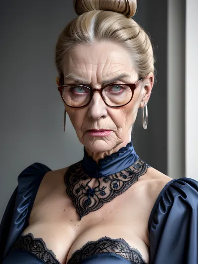 老年妇女坐在她的椅子上,她的沉重乳房与她的维多利亚式的爱德华式颈绳的织物对峙. 她的脸被皱纹和折痕缠绕,但她的眼睛仍然有强烈的表情. 她带着银子