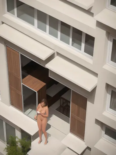 A voyeur watches a woman in her bedroom through a long lens paparazzi style camera, capturing every detail of her naked body