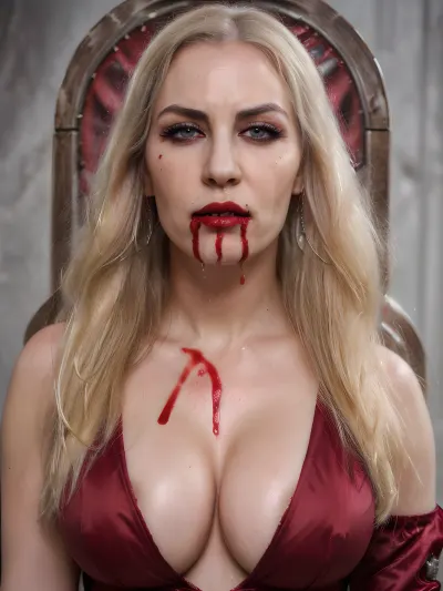 An ultra-detailed AI-generated porn picture with high resolution and 8k quality depicts a vampire bride in a Victorian-style wedding dress, sitting on a throne with her hair unbuttoned. She has blood dripping from her mouth and is wearing