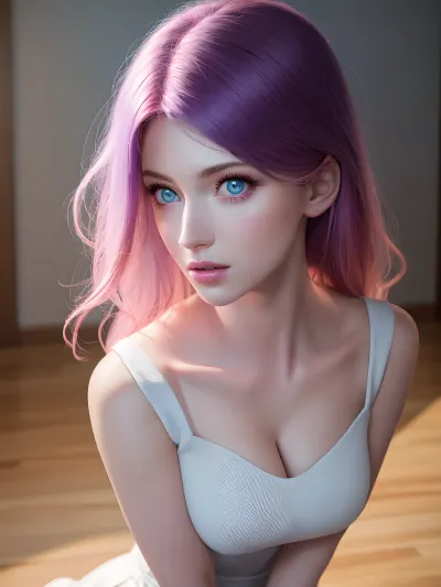 complex 3d render ultra detailed of a beautiful porcelain profile woman face, stood on a beach, sunset of pink and cyan complementary colours, ((looks very sweet)), (((Medium-long shot))), ((purple hair, blue eyes)), 150 mm, beautiful studio soft light, rim light, vibrant details, luxurious, hyper realistic, anatomical, facial muscles, elegant, octane render, DSLR, 8K, high quality, analogue style, professional, detailed skin texture, detailed hair texture, detailed pores, best quality, highest quality, cinematic lighting, ((sweet face)), (Alissa:.2), (volumetric lighting), extremely detailed CG unity 8k wallpaper, focused, 8k wallpaper, 4k wallpaper, extremely detailed, ultra realistic, photorealistic, sharp focus, absurdness, (HDR:1.2), (high contrast), photograph, 3dmm style, (masterpiece, top quality, best quality, official art, beautiful and aesthetic:1.2), 1girl, beautiful, high detailed, purple hair with a hint of pink, blue eyes, dark lighting, serious face, looking the camera, sky, body shot, focus on face, White dress, jewellery, in an elegant room, <lora:CyberBeautyV30:.5>, <lora:FastNegativeV2:.3>, <lora:skirt_tug_v0.1:.8>