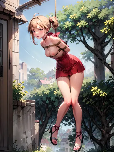 La imagen porno de AI generada de una rubia desnuda atada con cuerdas y suspendida en cuerdas, mirando al espectador con brazos abiertos detrás de su espalda, está atada desde atrás, suspendida en cuerdas, y mirando al espectador con una boca abierta. Tiene una
