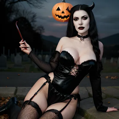 woman, I went looking for trouble, And I found her, She's in love with herself, She likes the dark, On her milk-white neck, The Devil's mark, Now it's All Hallows Eve, The moon is full, But will she trick or treat?, I bet she will, She will, (Happy Halloween), She's got a date at midnight, With Nosferatu, Oh, Lily Munster, Ain't got nothing on you, Well, when I called her evil, She just laughed, cast that spell on me, Boo bitch-craft, 18 goth female, pale white skin, black hair, heavy makeup, red liquid dripping from mouth, fully nude, fishnet stockings, choker, graveyard, halloween