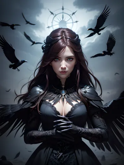 Hyperrealistic portrait of a beautiful girl, Slavic appearance, long red hair, symmetrical blue eyes, plump lips, big eyes, crow queen, ((strong wind, storm)), dress made of crow feathers on the naked body, gloves above the elbow, dreamcatcher on the neck, hands on hips, slim body, e body, 150 mm, beautiful studio soft light, rim light, vibrant details, gorgeous face, hyperrealistic, anatomical, elegant, beautiful background, DSLR, 8K, high quality, analog style, professional, detailed hair texture, detailed skin texture, detailed pores, best quality, highest quality, cinematic lighting, (volumetric lighting), extremely detailed CG unity 8k wallpaper, focused, 8k wallpaper, 4k wallpaper, extremely detailed, ultra realistic, photorealistic, sharp focus, absurdres, (HDR:1.2), (high contrast), photograph, detailed and intricate, highly detailed, crowmancer, crow, bird, <lora:Concept - Crowmancer:.5>, HyperSmoke, dark, background, black, backlit, theme, <lora:lowkey_v1.1:.5>
