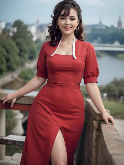 A stunning 1980s pinup style photo of a beautiful woman in a Moscow riverfront dress with a smile on her face, taken in high definition and with 8k resolution, is an authentic Soviet experience