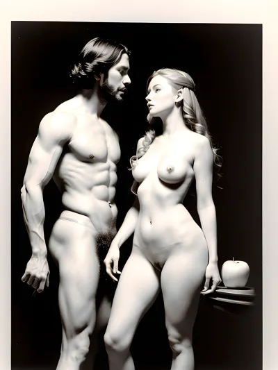 men and woman, Adam and Eve, Eve holds an apple and offers it to Adam, naked, engraving in the style of Albrecht Durer