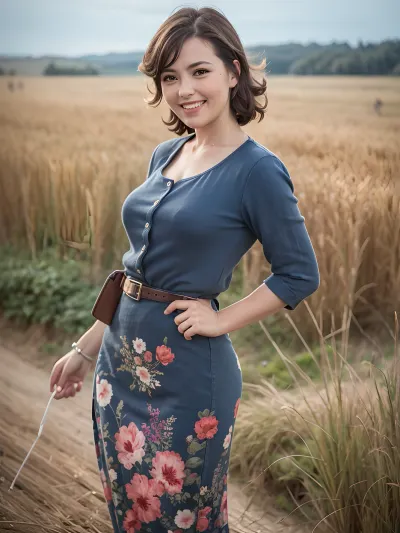 In the Soviet Union, a beautiful woman in her 50s with curly hair and a beautiful smile posed for a pinup photo. She wore an elegant dress with intricate details and high heels. The lighting was perfect, and the photo was taken in