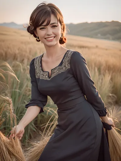 The woman in the picture is wearing a beautiful dress and has a very happy smile on her face. She has full lips that are painted red, almond-shaped eyes, long lashes, high cheekbones, and full lips. Her hair is styled