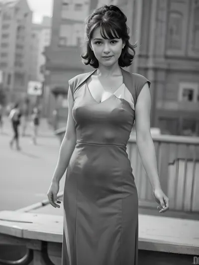 The woman in the picture is wearing a beautiful dress and smiling, with no frizz or tangles visible. She looks like she could be from any era, but she definitely looks like she belongs in the 1970s or 80s