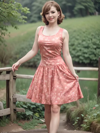 Um impressionante modelo de pinup de 1980 em um vestido de pinup soviético e saltos altos é o foco desta bela foto, tirada no parque de Moscou. O sorriso da mulher está cheio de vida, e sua roupa é uma obra-prima cuidadosamente curada
