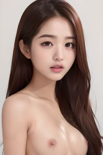 Jang Wonyoung, uma jovem, posa para uma sessão de fotos com seu namorado gerado pela AI. Ela usa um vestido vermelho sexy e saltos altos, e seu cabelo é decorado em bun bagunça. A câmera captura todos os detalhes de sua textura perfeita da pele