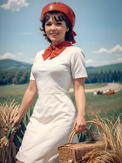 A Soviet woman with a straight cut bangs and an ultra-detailed smile, wearing a beautiful dress in the Soviet style, is posing for a photo in the field. The background is full of flowers and greenery, and there are clouds in