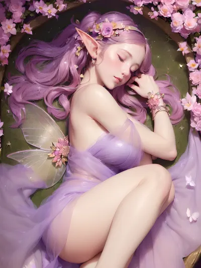 woman, (imagine a very close-up portrait of a gorgeously beautiful female elf with an alluring temperament and an innocent facial expression focusing on her upper half of the body from the side:1.5), (she is laying down defenseless in a fetal position covered with flower petals in the middle of a forest:1.5), (her skin is porcelain white smooth without blemishes and imperfections), (she is taking a nap:2), (she had a large pair of noticeable shimmering and translucent fairy wings that grown from her back:1.5), (her hair is floor-length and curly:1.5), (her body is slender yet graceful like the nature that the beauty she represent), (she posed with elegance), (she wear a see through royal dress that adorned with beautiful and sparkling gems and flowers with pink color:1.5), (she gives an overwhelming sense of enchantment and arousal), (the background is a mystical forest with a pink-rose hued foliage where all flora is pink colored:1.2), (the background feature a lake with crystal-clear water that mirror the surrounding), (the background feature a beautiful and mystical waterfall), (the surrounding is very dark and dim poorly lit with fireflies and butterflies:1.4), (the background is foggy and filled with mists that add a mysterious feeling to the image:1.5), (the lighting of the image is perfect with rays of light shone down from above:1.4), (the photo is taken candidly while she is looking away from the camera from the side:1.5), (the photo background is night time:2), (masterpiece), (the image is trichromatic with pink and purple and white color:2), (the image is drawn in the renaissance era painting style:1.5), (created by Artistart)