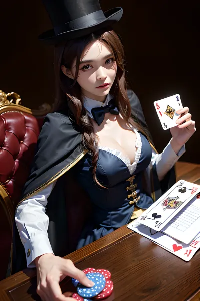 The woman stage magician was wearing a top hat and cape, with a rabbit in her cleavage. She was performing a magic trick where she would make the rabbit disappear and reappear in her cleavage. The audience was amazed by her skills and applaud