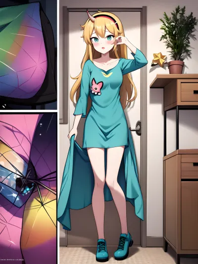 Eine Frau mit Regenbogenhaaren und Schmetterlingsflügeln wird in einem Comic-Panel-Layout gezeigt, das im Bett liegt mit ihren Armen ausgestreckt. Sie trägt ein Outfit aus grünem Squid, mit Schmetterlingsflügeln auf ihrem Rücken. Der Hintergrund der