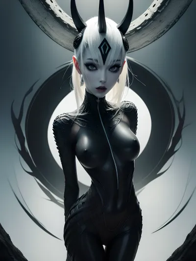 The naked alien girl with black patterns on her body ran through the snow-white forest, her nude body glistening in the moonlight. She had a surprised look on her face as she saw a strange creature with wide eyes and high quality text
