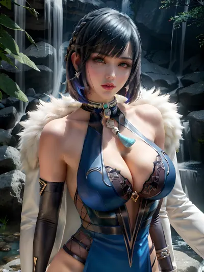 A young woman with high quality porn AI generated picture stood in front of the flowing water, her mature female body perfect and her high quality porn AI detailed eyes focused on the viewer. She held a leash in one hand and held a picture in another