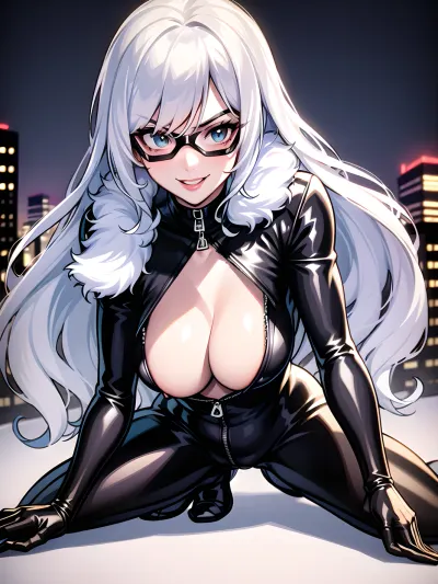 Felicia Hardy, the seductive AI model, was captured in a scintillating photo with her intricate detail and feline features. She wore a black zip-up bodysuit with white fur crawling on the front view picture of her in