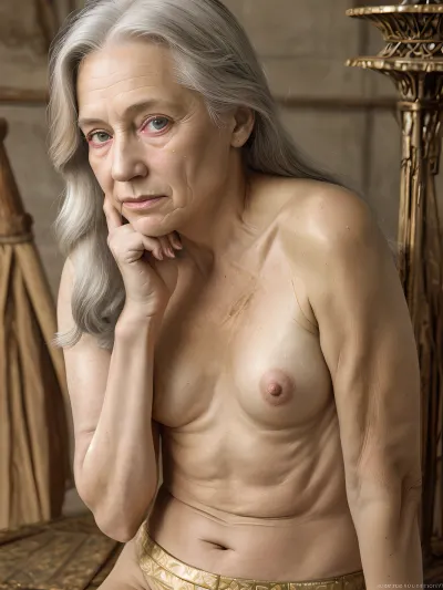 The woman's face was wrinkled and saggy, but her eyes were bright and piercing. Her skin was pale and smooth, with veins visible in the perfect light and shadow. Her breasts were perfectly shaped, with nipples that stood out against