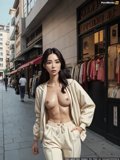 A realistic AI-generated porn picture of a ghibli witch-girl walking along a busy shopping street, with symmetrical features and realistic pores, has been generated using the latest AI technology