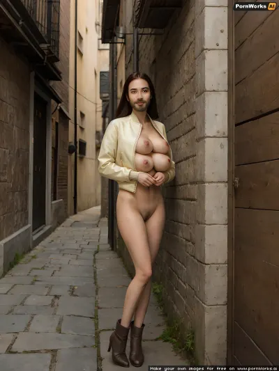 The AI generated porn picture of a nude ghibli witch-girl in a narrow alleyway, leaning against the wall with her head tilted back and her mouth open in a smile, is teasing in a symmetrical face, slim waist, slender legs