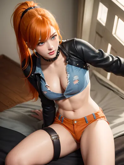 Uma mulher com a melhor qualidade AI-gerado imagem pornô é um petite 18-year-old com cabelo curto e olhos largos. Ela está usando uma roupa de suspensório vermelho, um rabo de cavalo e saltos altos. O cabelo dela está a tremer
