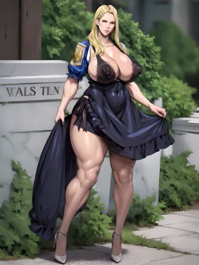 The AI generated porn picture of a mature blonde woman wearing an open neckline black national dress with high quality detail and perfect lighting in the picture. She has a mature face, blue eyes, and blonde hair. Her nipples are visible through the