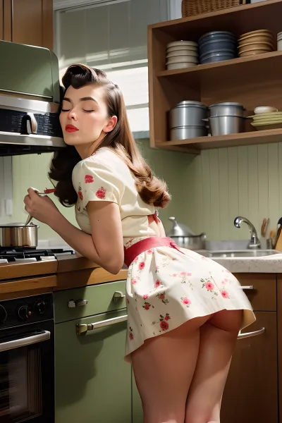 La femme était une femme au foyer des années 50, aux longs cheveux sales et aux yeux fermés. Elle était courbée sur un comptoir dans sa cuisine, portant une publicité vintage peinte Ad Americana Style. Son cul parfait était visible à travers la vue latérale de