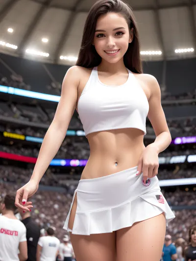 Молодая взрослая чирлидерка на стадионе была видением красоты, с ее спортивным телом, покрытым потом, и ее соски торчат через ее мокрую футболку. У нее была сексуальная улыбка на лице и она работала с толпой с ней