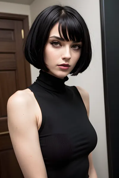 A cute tall goth girl with black bob haircut and green eyes sat at her desk, typing away on her laptop. She was in the middle of writing a new story about an AI character that could generate pornographic images based on user input