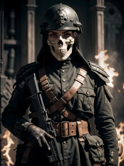 In a stunning ultra-detailed AI generated masterpiece, the young woman in the flamethrower and leather cloak stands ready to fight for her cause. Her body is fully detailed with high resolution, showing every muscle and bone. The death squad army stands