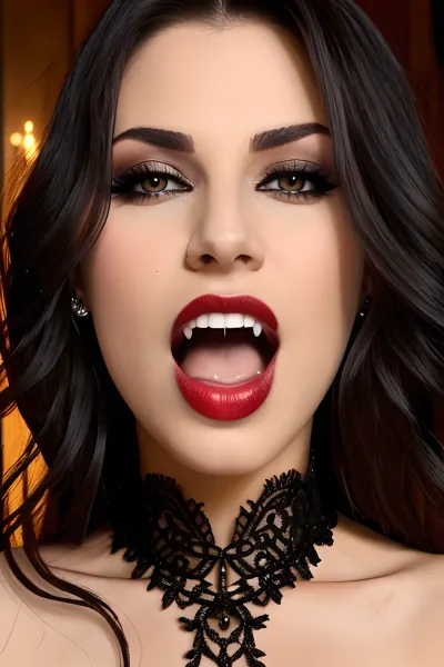 The vampire woman stood in front of the mirror admiring her perfect face, with big vampire eyes and a seductive look on her face. She had long hair cascading down her back and wore a slutty outfit that showed off her perfect body