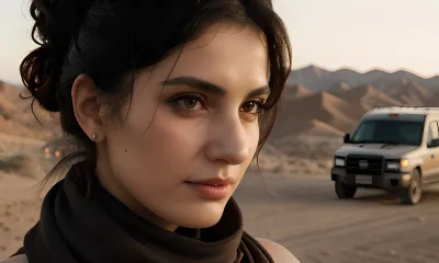 In the desert, a woman in her early twenties drove a cybertruck with high-resolution and dark mood text