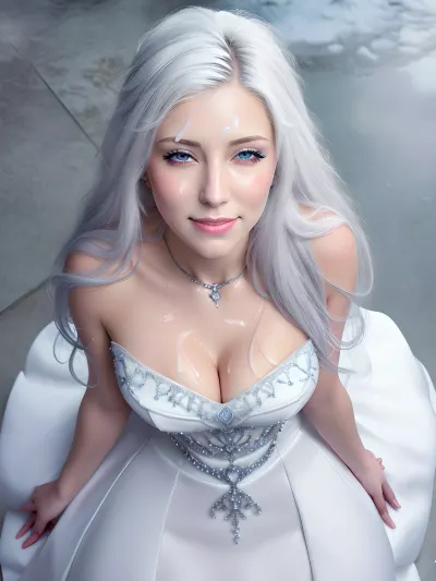 The princess in white kneeled before the photographer, her perfect face and body on display. She was wearing a beautiful white bridal gown that clung to her curves, and her long flowing hair cascaded down her back. Her blue eyes sparkled