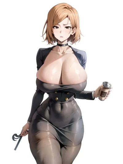 Aobara, a confident bombshell, wore a tight black dress that hugged her voluptuous curves and displayed her large breasts. She knew she was a bombshell with an impressive set of assets and loved showing them off in all their glory