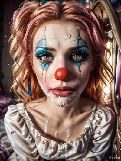 一个穿着小丑服装的年轻,美丽的女孩坐在马戏团竞技场,穿着小丑服装. 她脸上化妆 让她看起来很悲伤和沮丧 她的双眼是红的,从哭, 她看起来悲伤