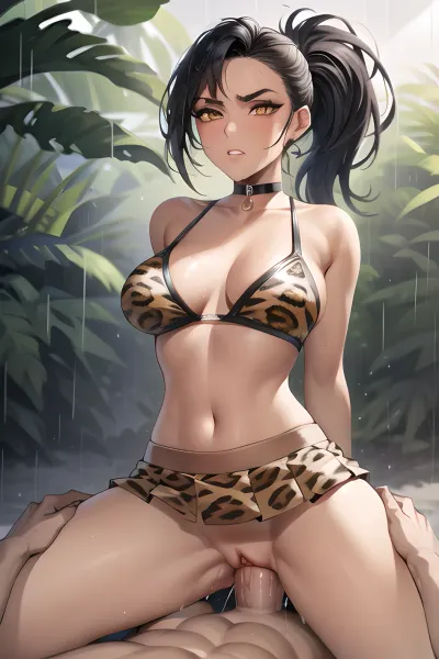 The AI generated porn picture of the best quality with high resolution and ultra detailed body features is a masterpiece. It features a tall, slender, and tanned woman with big boobs, copper orange eyes, high cheekbones, and a round eye shape