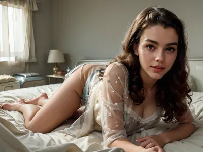 A 50s housewife, with long messy hair and perfect skin, was lying in bed with her eyes closed. She had painted her nails a vintage Ad Americana style and was wearing a retro 1950s outfit