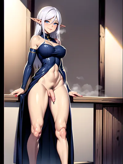 Fuatanri, a beautiful woman with long white hair and blue eyes, stood in front of the mirror with her smooth body and big testicles. She smiled as she sketched lines on her naked body, imagining herself in different positions. Her breasts