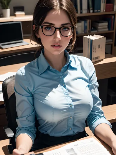 年轻女孩,有着完美的皮肤色调,高定义的面孔,以及超详细的身体,坐在一个电脑桌上,为她的杰作工作. 她有着完美的皮肤色调, 高定义的面孔, 和超详细的身体