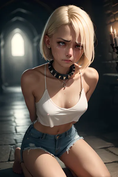 The young girl with pixie cut hair and natural cutie face kneeled in a dark dungeon hallway of a castle, wearing translucent clothing