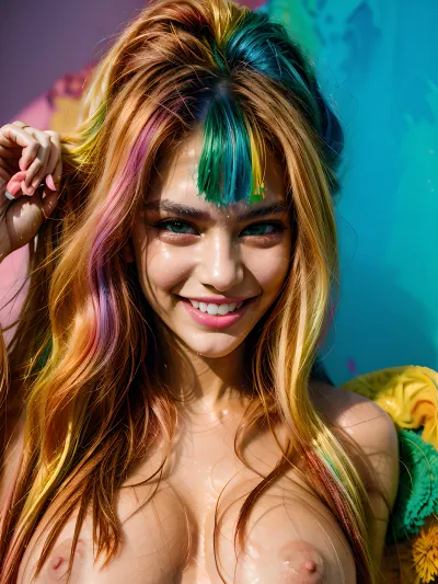Il modello brasiliano in topless con un arcobaleno dai capelli colorati a cascata sopra le spalle stava spruzzando acqua neon colorata sui suoi denti e viso perfetti. Ha avuto pioggia neon pesante, bhands, top model ragazza di 18 anni con un sorriso abbagliante