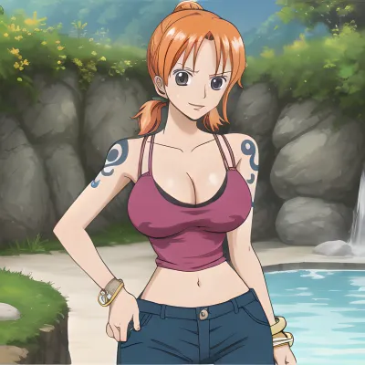 Nami, ein junges Mädchen mit langen orangen Haaren und großen Brüsten, liebte zu tragen enthüllende Kleidung und trug oft ihre Lieblings Tanktop ohne BH. Sie hatte auch ein Tattoo eines O-Rings auf ihrem linken Handgelenk, das sie bekam, als sie sich drehte