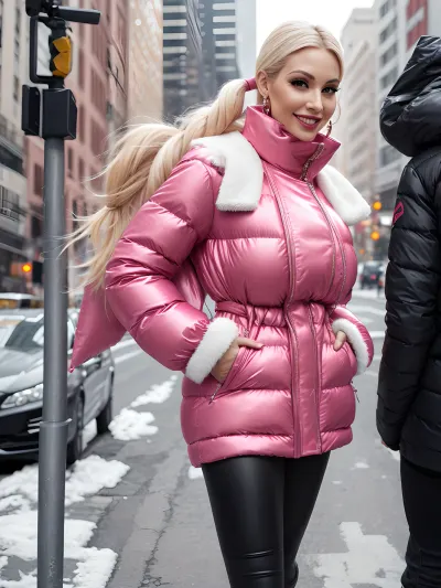 Una donna con una parrucca rosa puffy, tacchi alti, nylon, e l'illuminazione realistica molto naturale culo morbido stava camminando su un boulevard soleggiato indossando una s stretta wedgie bianca, top modell eyeliner trucco nero, e l'illuminazione realistica molto naturale