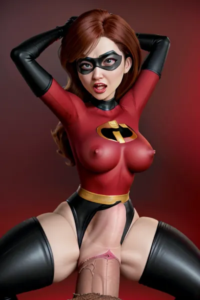 Ein hyper-durchdringender männlicher Superheld namens Elastigirl bekommt ein massives Einfügen eines Körperanzuges, der wie ein Körperanzug geformt ist und mit Muskeln spritzt. Der Penis ist wie ein Body Anzug geformt und platzt aus dem Kostüm, machen