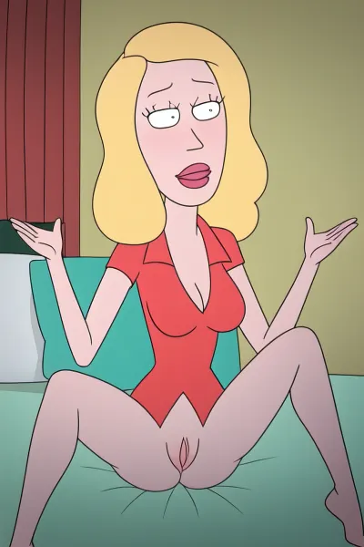 Beth Smith, a beautiful blonde woman with full nude body and gorgeous face, was lying on her back on a bed. She had red lipstick and blush on her cheeks, and her eyes were sparkling with lust. She was wearing a black shirt