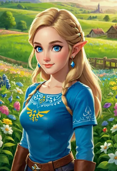 그림은 Zelda라는 젊은 여성이 중간에 흐르는 금발 머리와 파란색 눈을 묘사합니다. 그녀는 파란색 셔츠와 갈색 가죽 바지를 착용하고 있습니다. 그녀는 그녀의 얼굴에 부드러운 미소와 뷰어를 찾고, 녹색 앞에 서